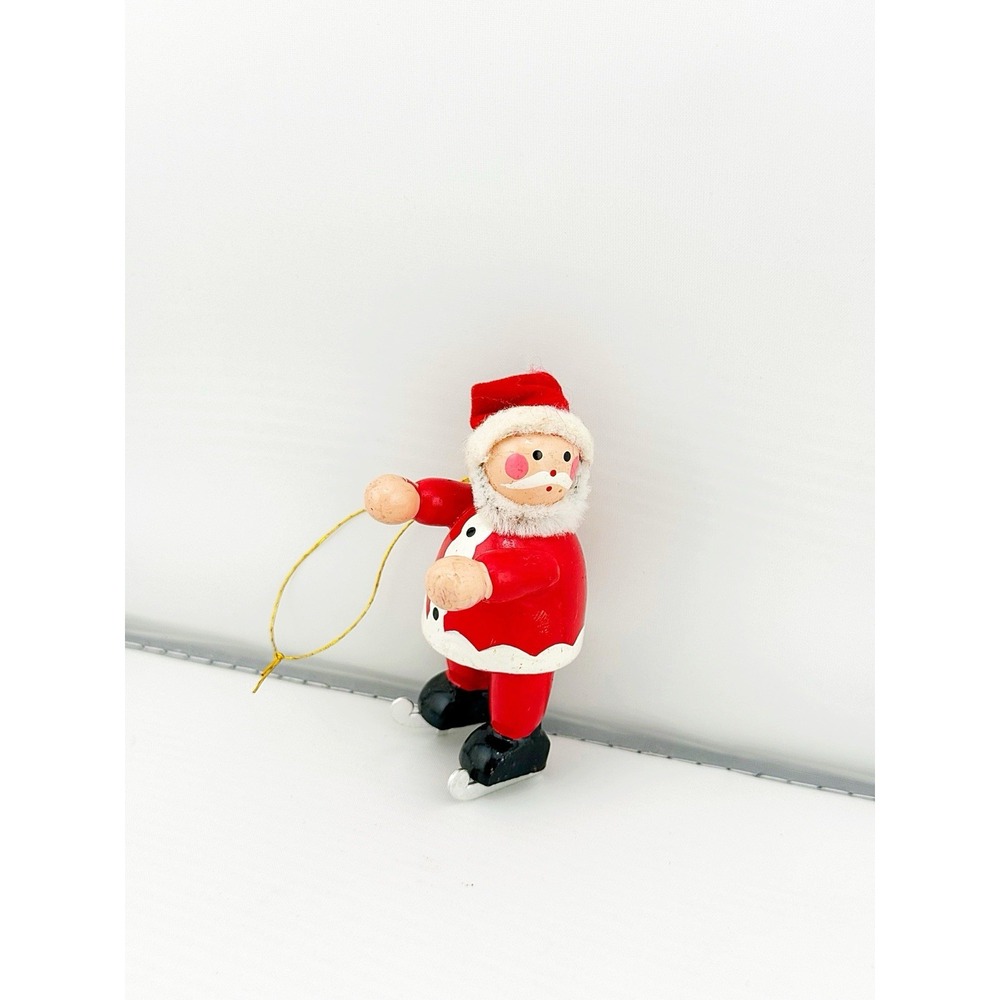 Vintage 1970's Wooden Skating Santa Ornament. 2.5" Tall